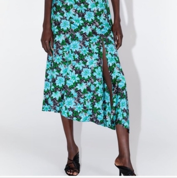 Zara Dresses & Skirts - Zara Green Blue Floral Midi Satin Skirt with Split Size M EUC